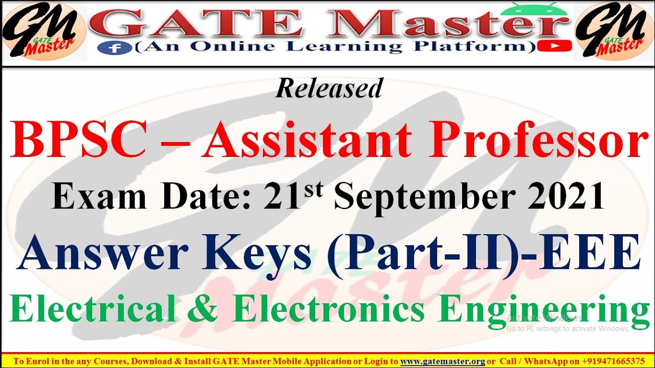BPSC Assistant Professor Electrical and Electronics Engineering Exam 2021 Answer keys. 21/09/2021