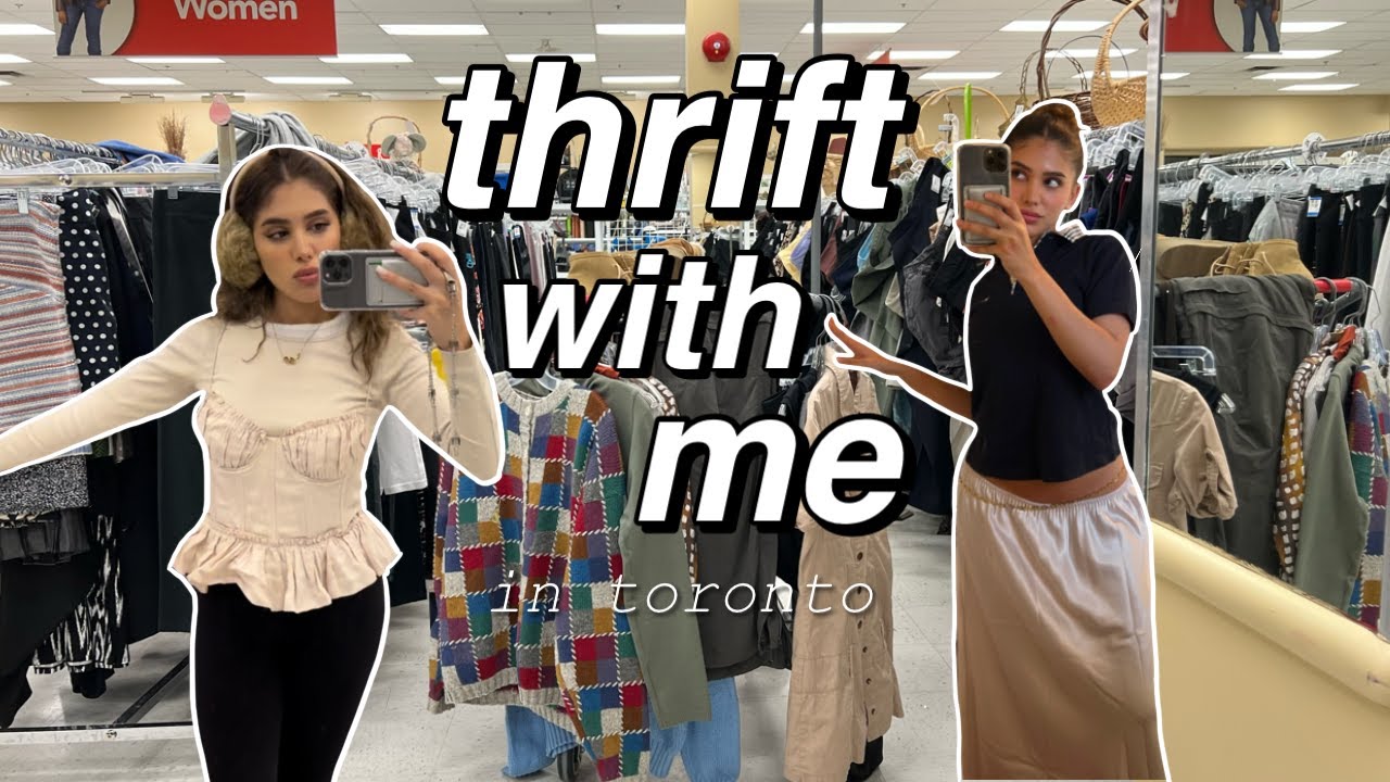 THRIFT WITH ME IN TORONTO ❥ denim mini skirt, knit t-shirt, overalls