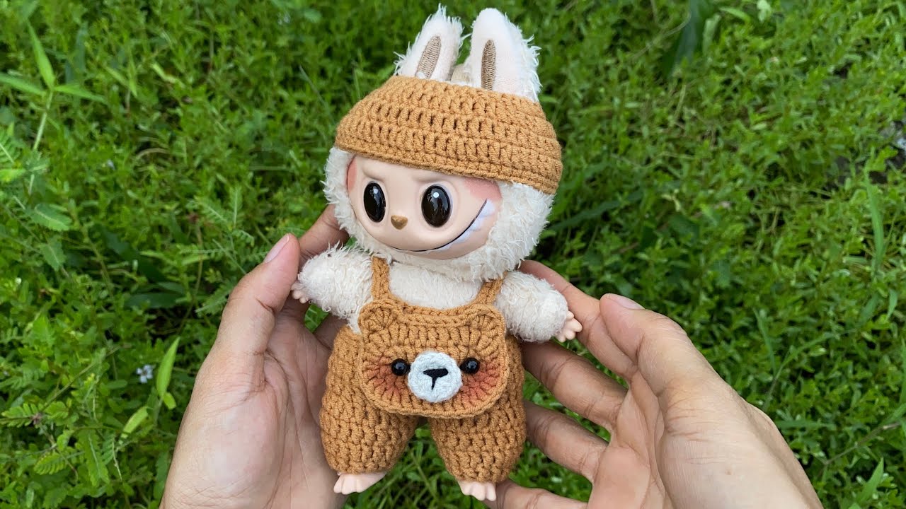 Part1: How to crochet cute clothes & hat for LaBuBu 17cm/ Bear overalls outfit