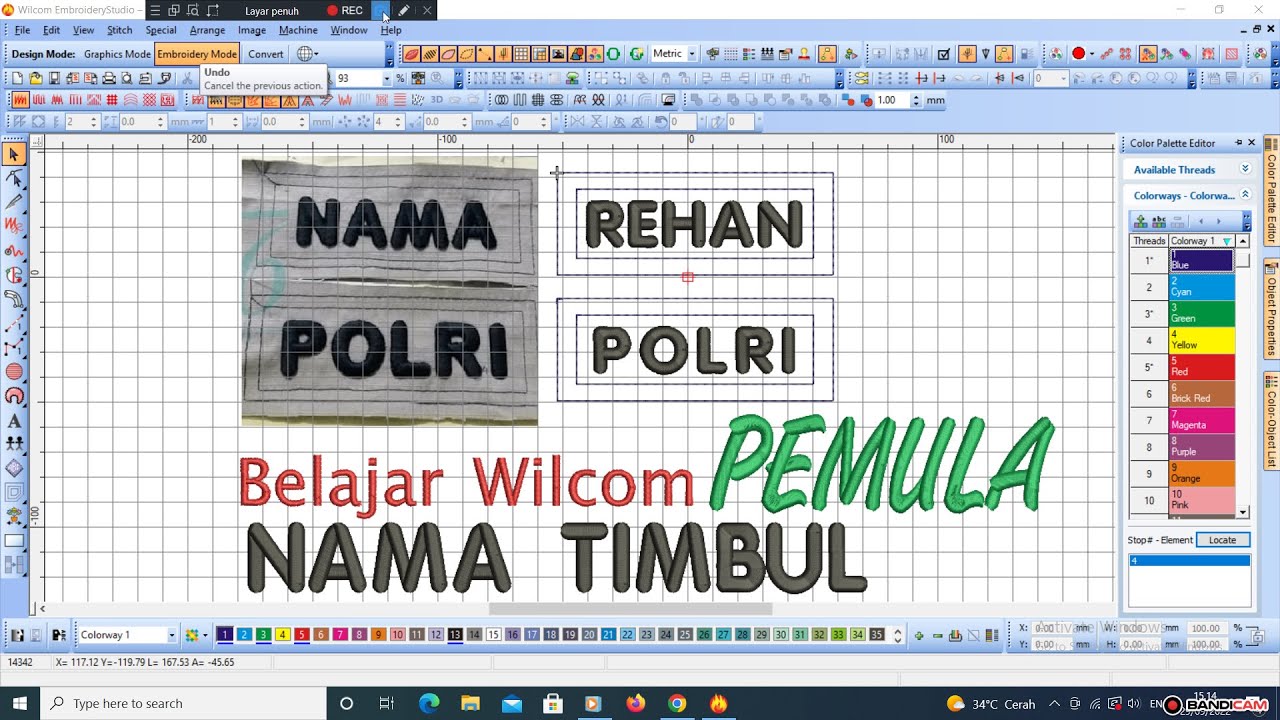 Belajar wilcom, Cara desain Nama timbul  #youtube #1000subs #bordirtimbul #wilcomembroidery
