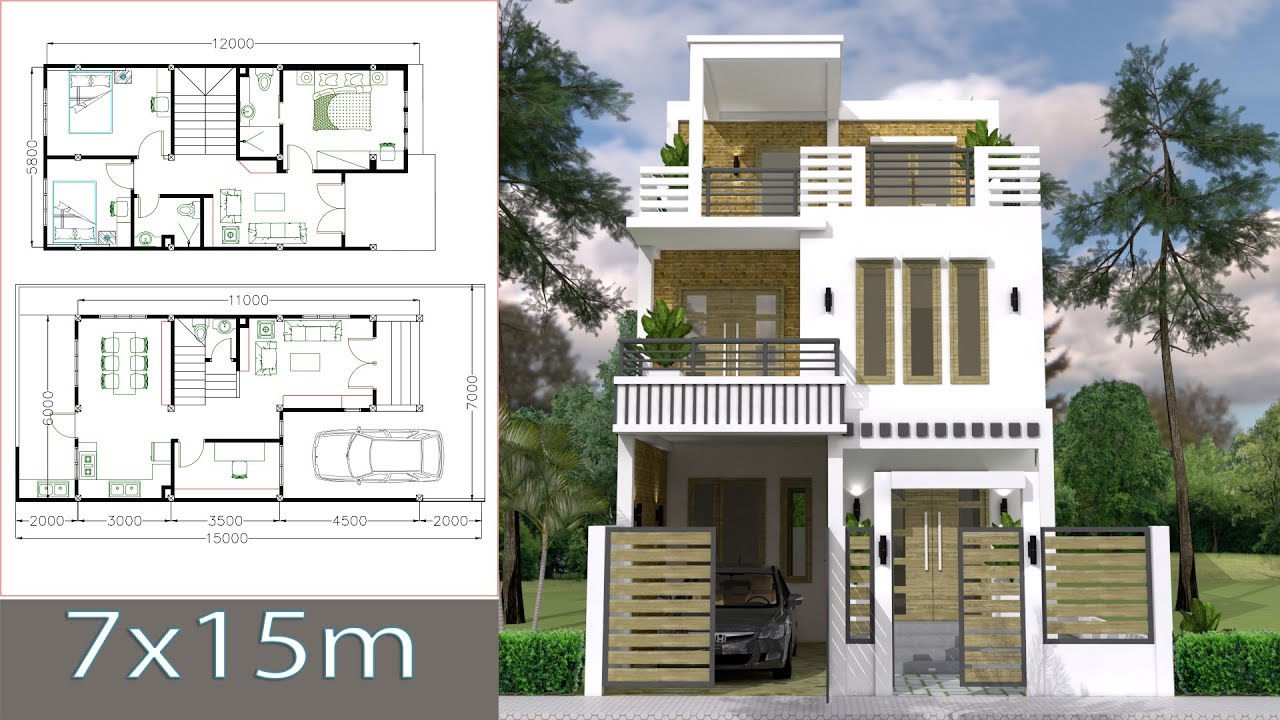7x15m Simple Home Design Plan with 3 Bedrooms sketchup modeling house plans