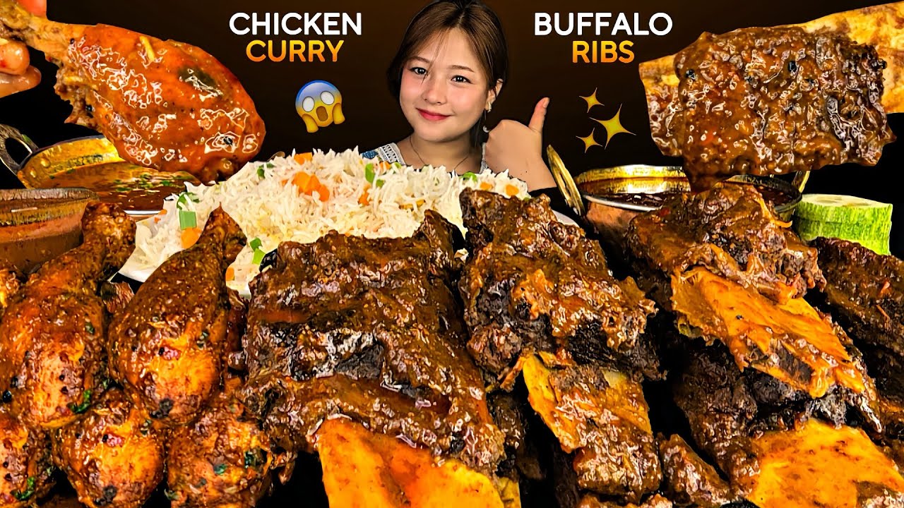 BRAISED BUFFALO RIBS🔥SPICY FRIED CHICKEN GRAVY WITH BASMATI PULAO || REAL MUKBANG || BIG BITES