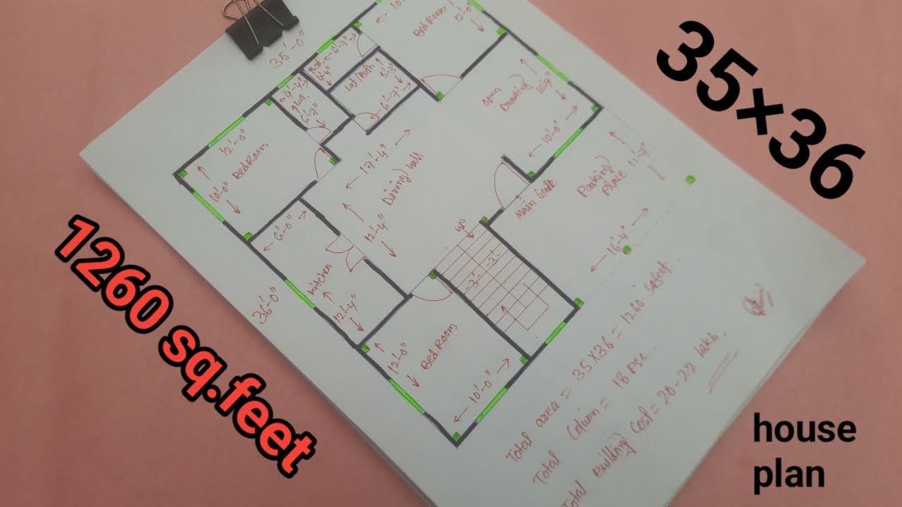 35&times;36 =1260 sq.feet  house plan drawing //3bedrooms.