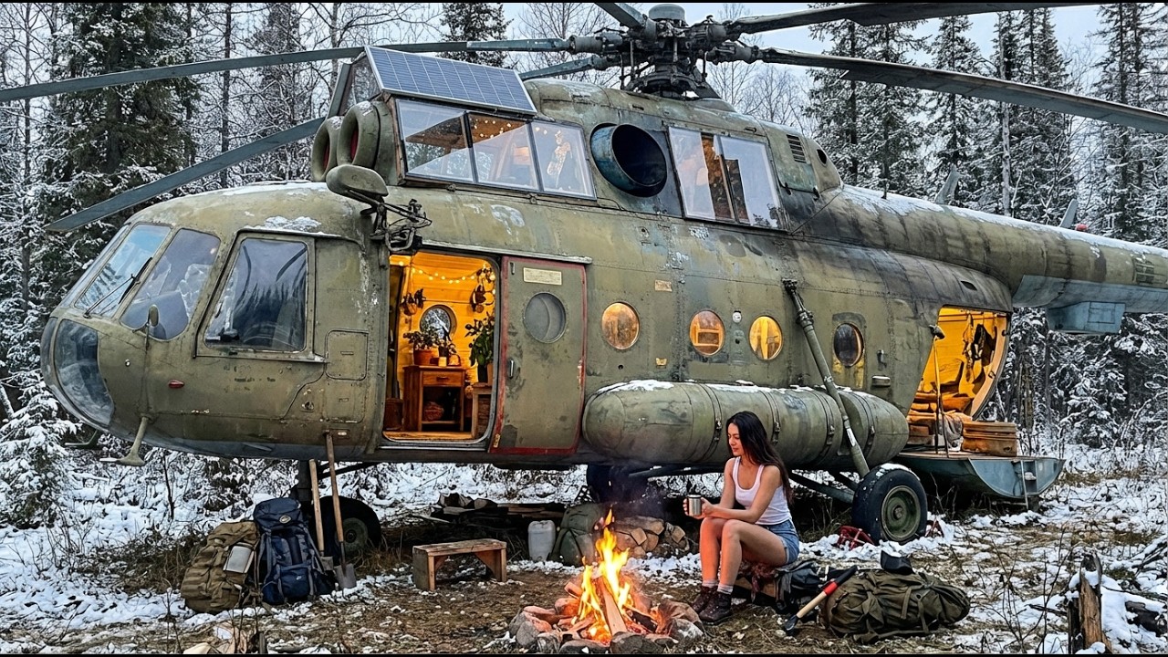 BUILDING A HOUSE INSIDE AN ABANDONED MIL MI 8 HIP UTILITY HELICOPTER REMOTE SIBERIAN TAIGA ASMR SURV