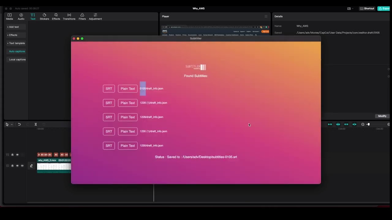 Save or extract  the auto-generated subtitles by CapCut as SRT files  or as a text file on MacOS