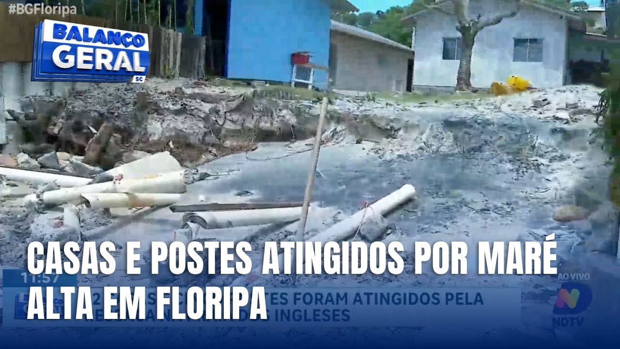 Ressaca atinge casas e postes na Praia dos Ingleses, em Florianópolis