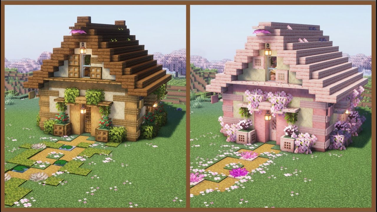 Minecraft Cute Small Wooden & Cherry Blossom Houses | Building Design Tutorial