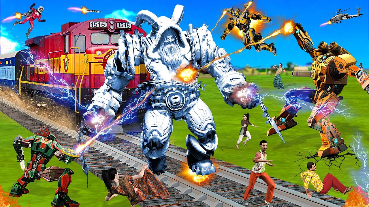 जेसीबी ट्रैक्टर रोबोट Vs बर्फ शैतान सुपर ट्रेन JCB Tractor Robot Vs ice Monster Super Train Stories