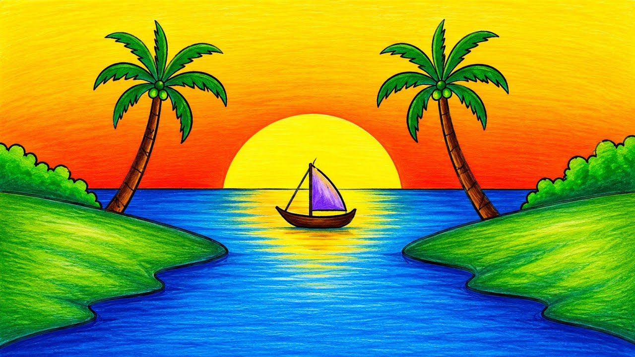 Drawing Simple Sunset Scenery Step by Step with Oil Pastels