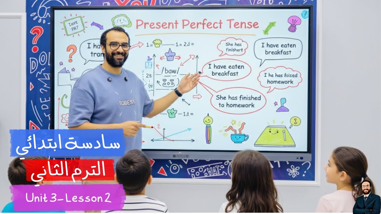 سادسة ابتدائي | انجليزي الترم الثاني | أبسط شرح للوحدة الثالثة الدرس الثاني | شرح زمن المضارع التام