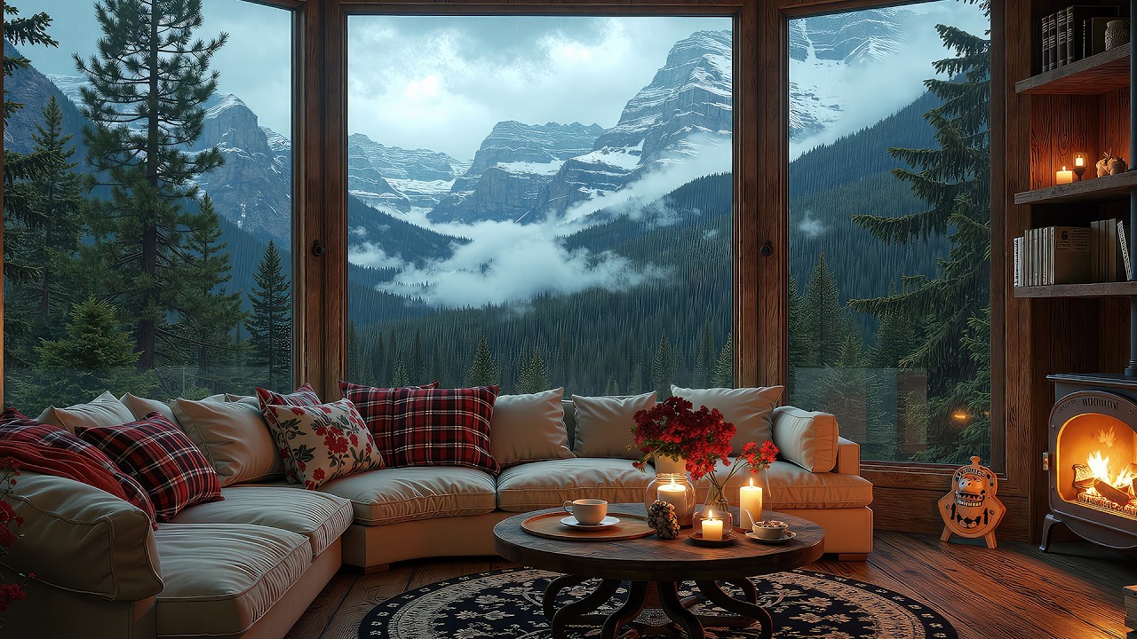 Cozy Jazz in Mountain Lodge | Heay Rain Outside & Crackling Fireplace for Relaxation & Deep Focus