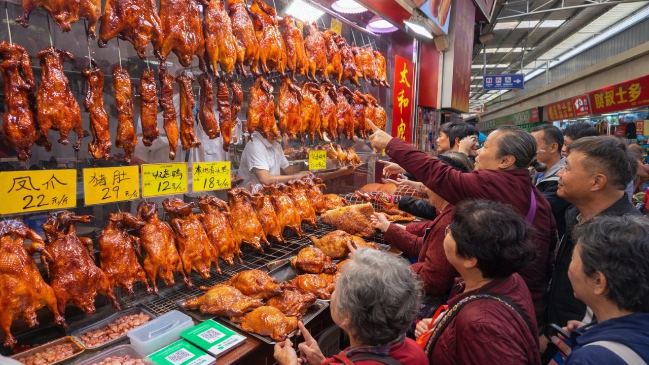 На крупнейшем продуктовом рынке Гуанчжоу | Жареная утка, молочный поросёнок и морепродукты