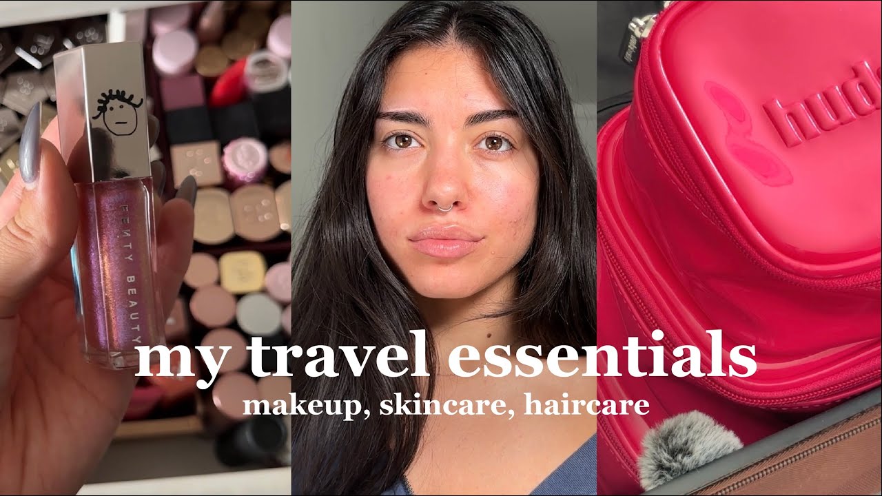 travel essentials (makeup, skincare, hair) + pack with me