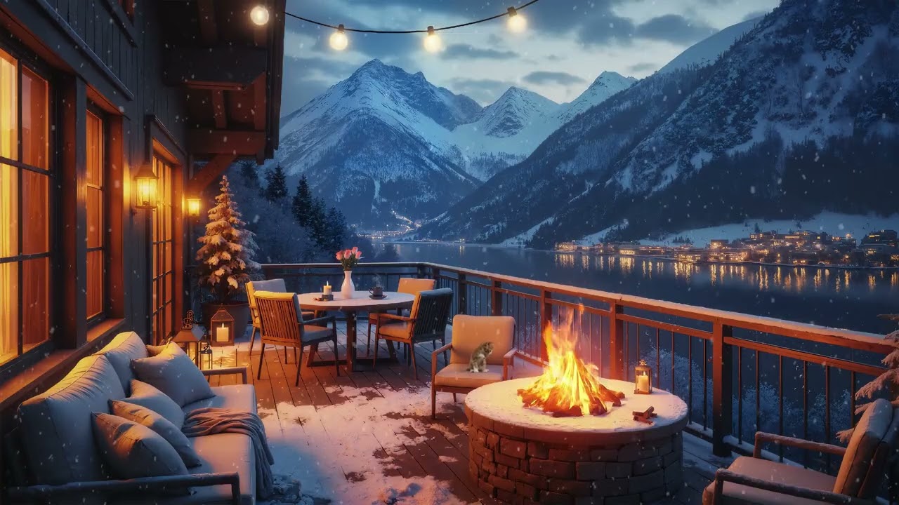 Relaxing Holiday ❄️ Snowy Coffee Terrace and Cozy Fireplace 🎄Warm Jazz for a Perfect Winter Night