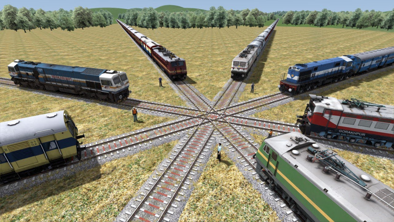 Seven Trains at Forked Railroad Cross Each Other at Diamond Crossing -::- Train simulator