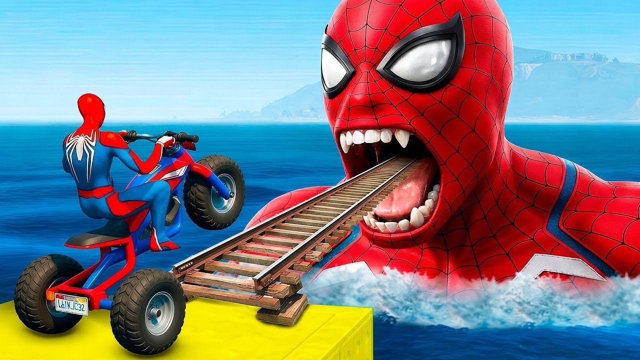 الأبطال الخارقين على القضبان دوامة قمع جسر - SPIDER-MAN!on Motorcycle in Spiral Bridge Stunt Ride