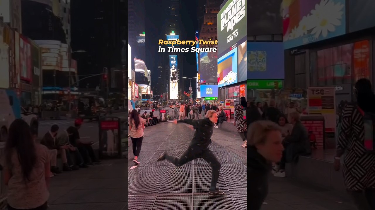 Ilia Malinin's Raspberry Twist (Corkscrew) in Times Square, NYC