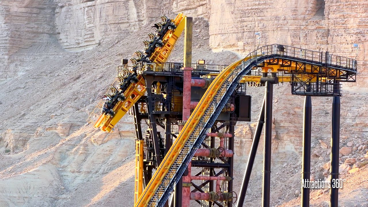 World's TALLEST 208FT VERTICAL Tilt Coaster! Iron Rattler Front & Back Row POV - Six Flags