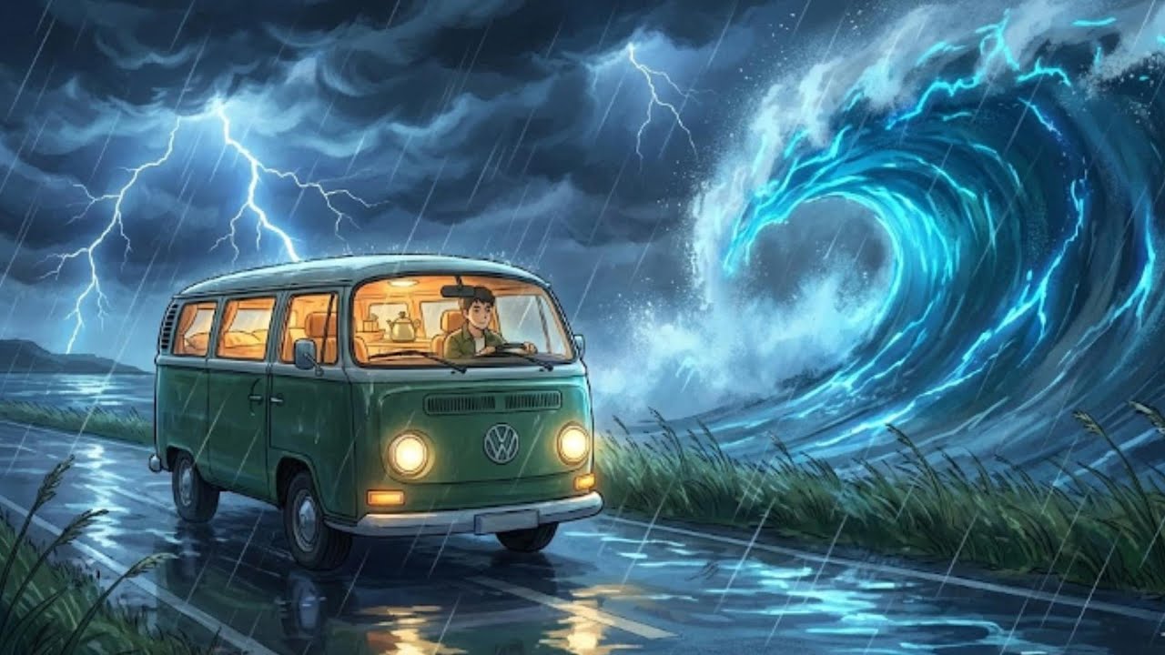 Ghibli-Style ASMR | A Cozy Van Ride Beneath Dark Storm Clouds 🌧️🏡