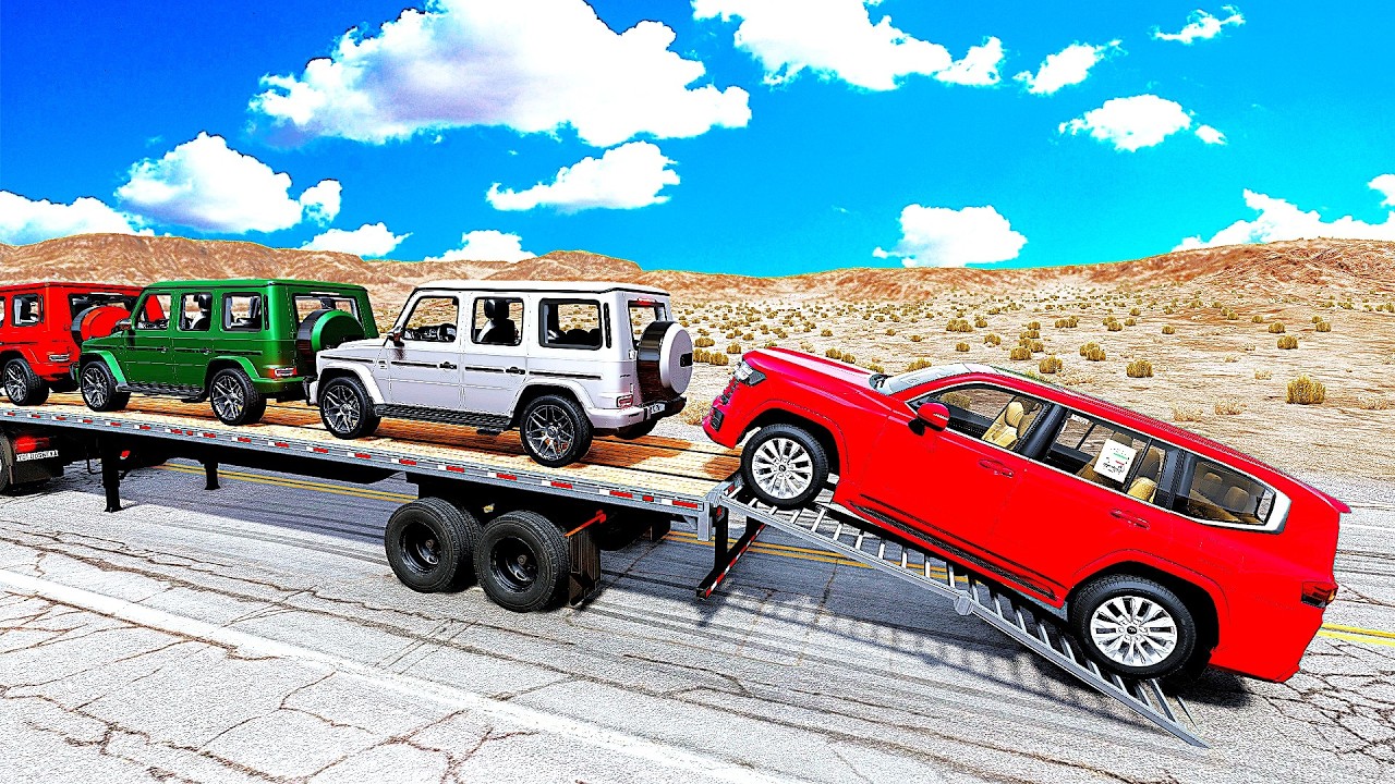Four Trucks Transporting cars with Flatbed Trailers | Cars vs Speedbump vs Train vs Pothole #000
