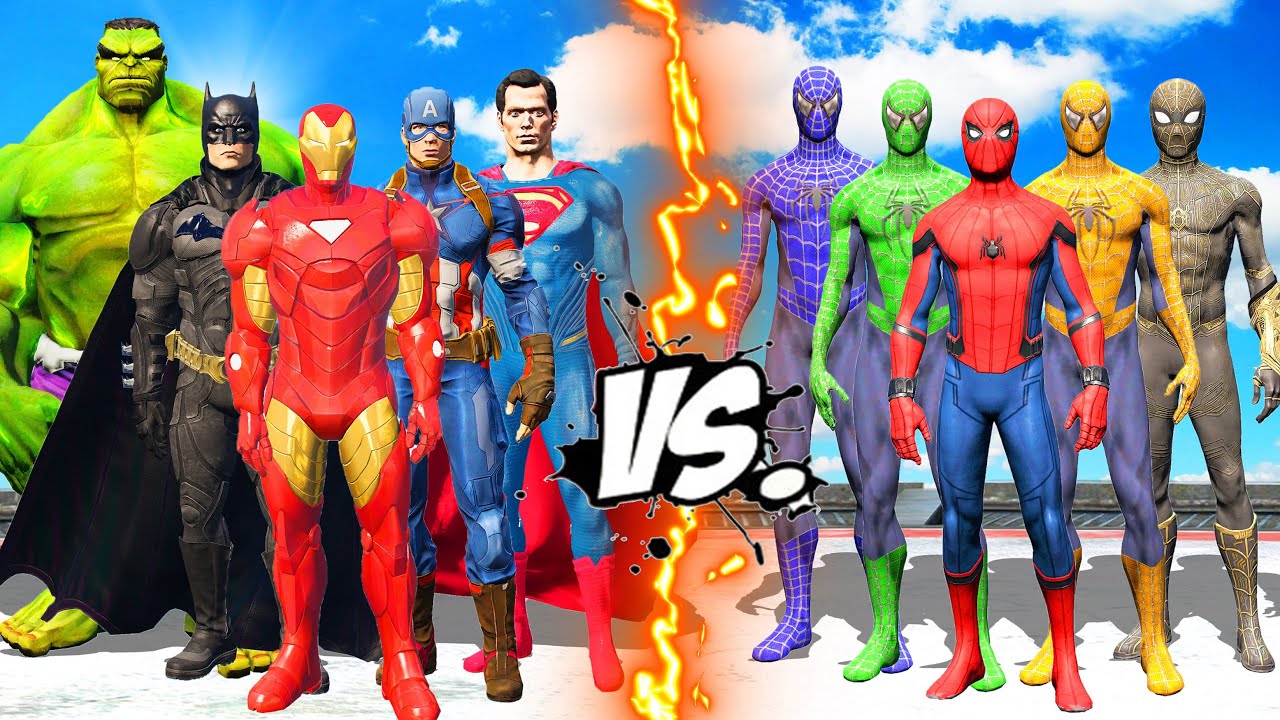 TEAM SPIDER-MAN VS TEAM SUPERHEROES - Iron Man, Superman, Captain America, Batman, Hulk vs Spiderman
