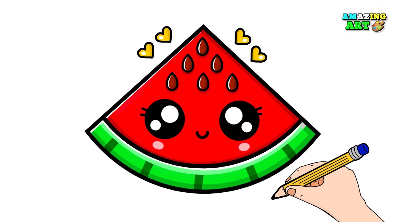 How to draw Cute Watermelon Slice | Draw Cute Watermelon Slice Easy | Draw + Color watermelon slice