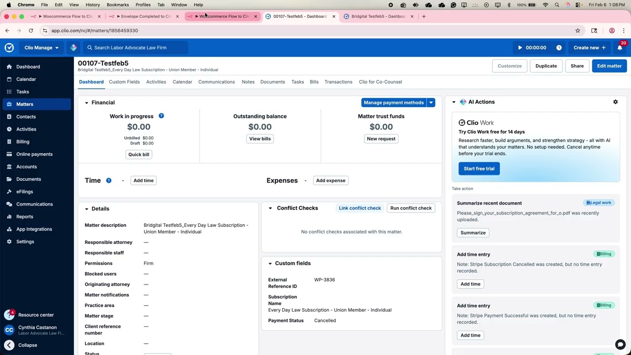 ClioSync Demo: Automating Legal Operations between WooCommerce, Clio Manage & Stripe