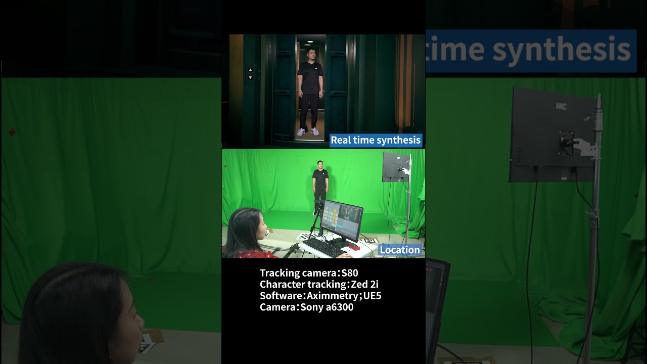 Real time virtual production of elevator shooting effects, tracking cameras and character tracking