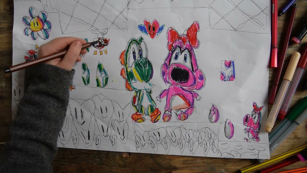Drawing a yoshi and birdo dreamland for Valentine's day!