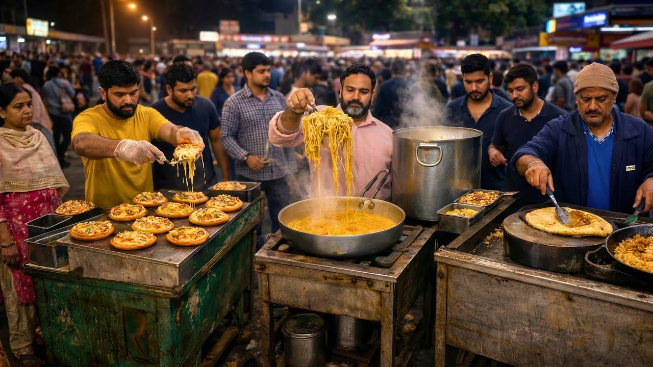 Busy Indian Food Street Cooking for Hundreds | Street Pizza, Noodles & Egg Rolls