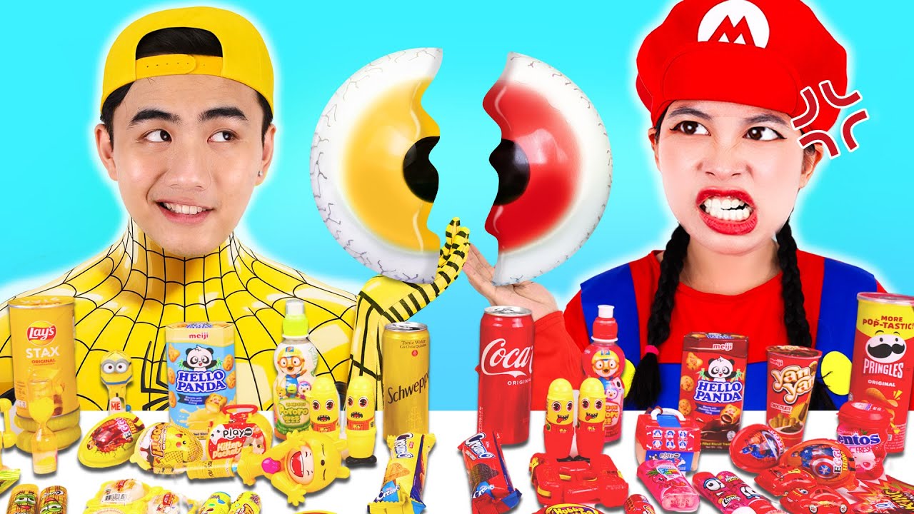 Spiderman vs Mario Red Food VS Yellow Food Challenge 빨간색 노란색 음식 챌린지 Mukbang by BUBBACHOP