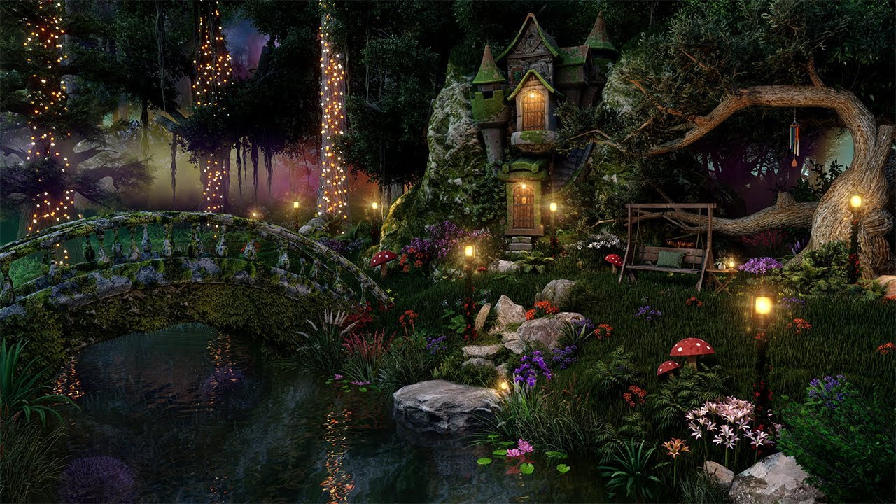 Magical Forest - 4K Night Ambience ✨ Fall Asleep In A Cozy Fairy House | Nature Sounds & Wind Chimes