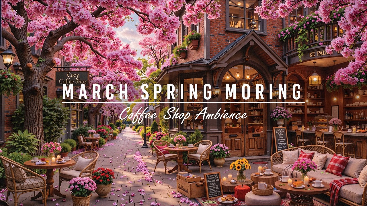 March Spring Moring & Outdoor Coffee Shop Ambience 🌸 Sweet Jazz Instrumental Music for Great Mood