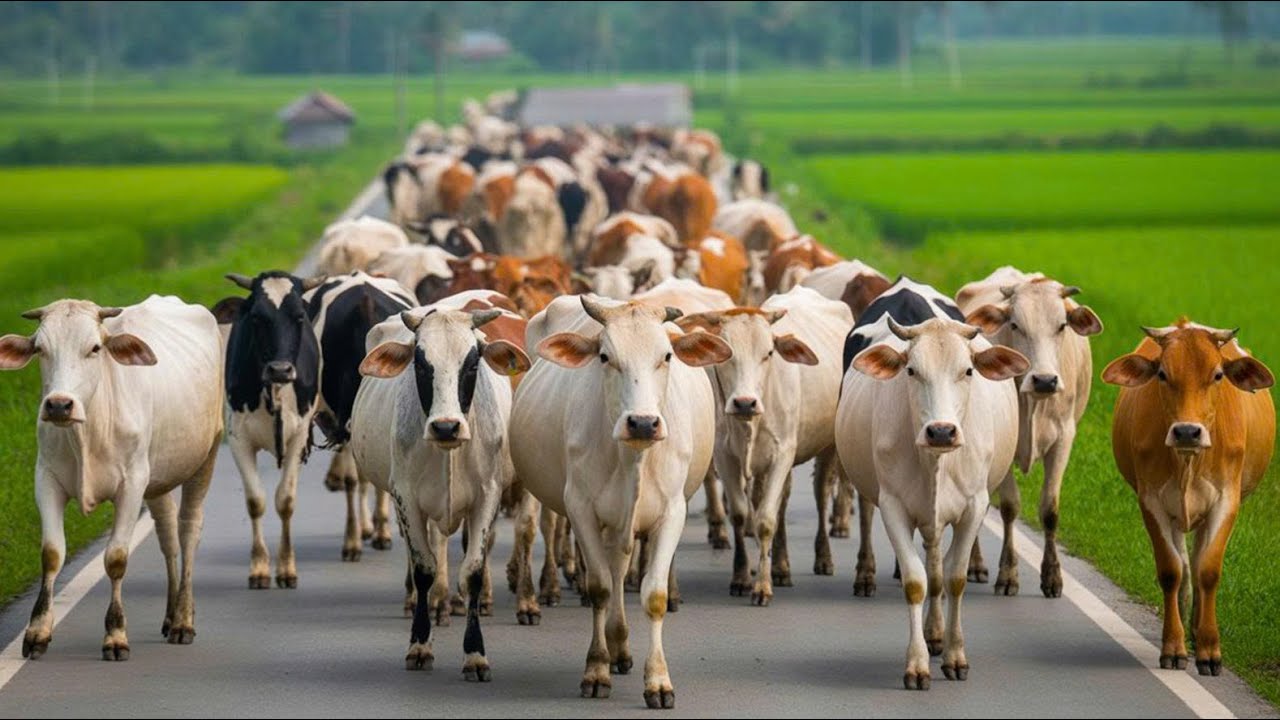 Mutant white cows walking on green rice fields - Cow mooing sound - Cow video