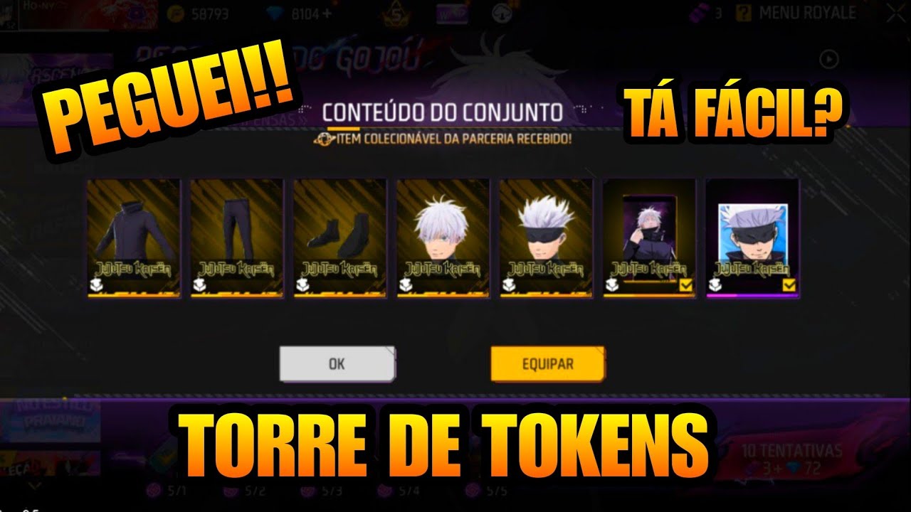 QUANTO GASTA? TORRE DE TOKENS GOJO EM 2 CONTAS! T&Aacute; F&Aacute;CIL? NOVIDADES FREE FIRE