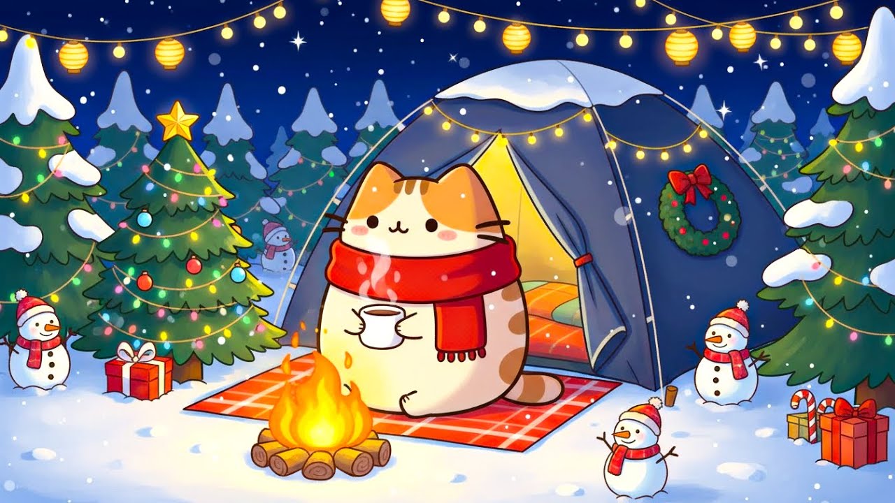 🎄 Cozy Winter Lofi Cat Night 🐱❄️ Campfire Glow with Snowfall for Chill Lofi Holiday Ambience