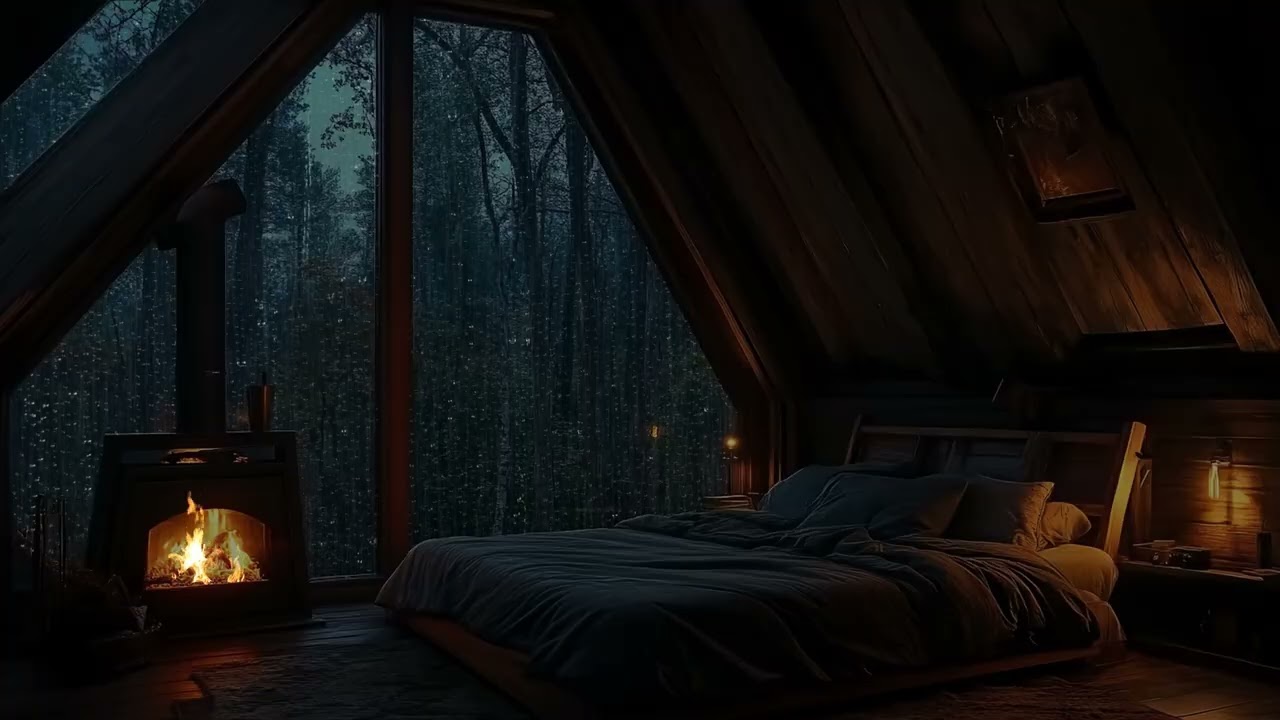 Cozy Ambience | Heavy Rain Sounds with Fireplace for Deep Sleep and Anxiety Relief