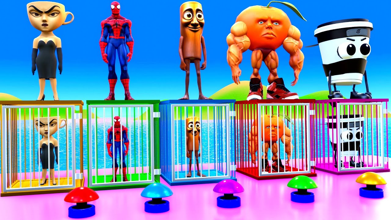 Playing as Spideman in Long Slide Game with Cow Elephant Gorilla - 3d Animal Game - Funny 3d Animals