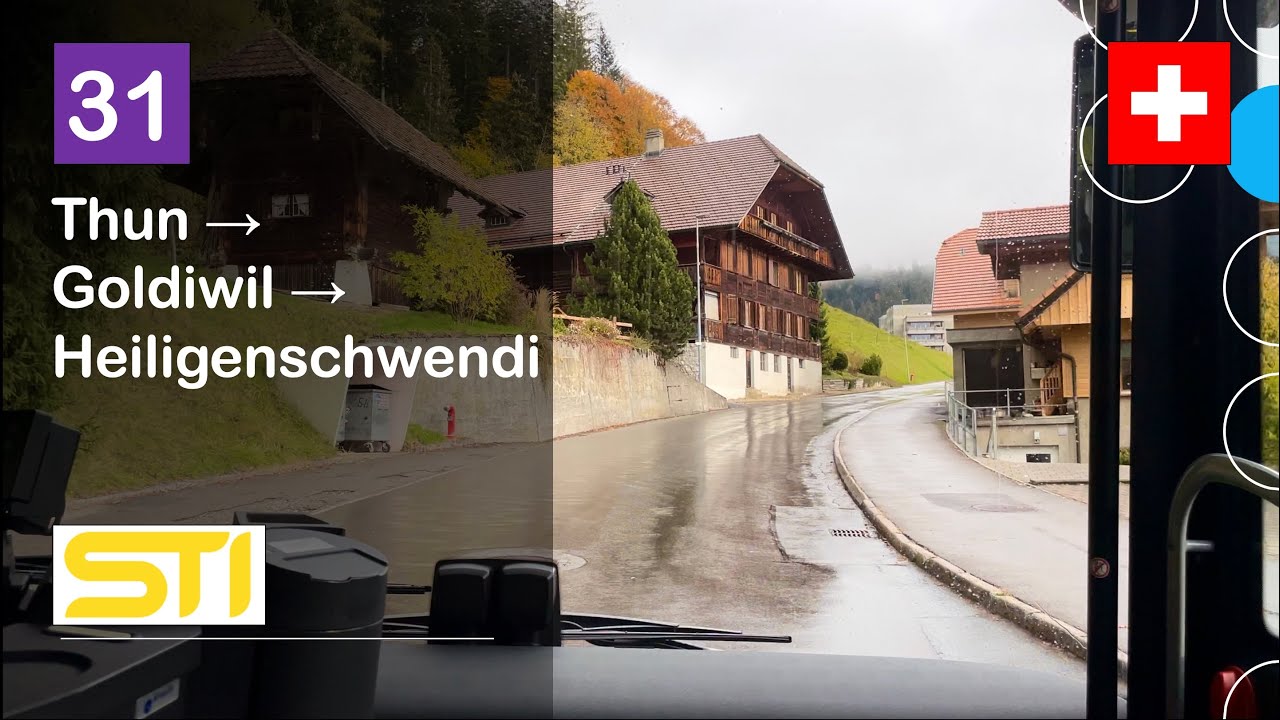 [4K] 🇨🇭 Cab Ride: STI THUN BUS | 31: Thun → Goldiwil → Heiligenschwendi | MAN Lion's City C A36