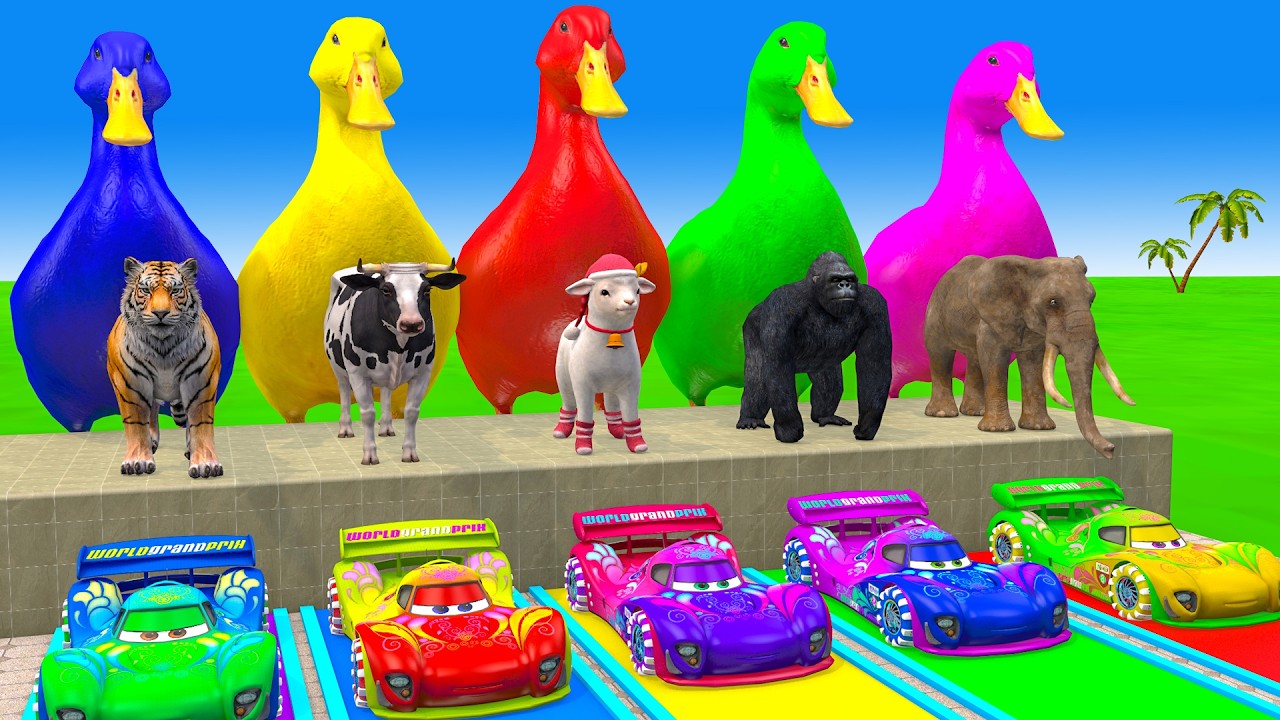 Long Slide Game With Cow Elephant Gorilla Hippopotamus Tiger - 3d Animal Game - Funny 3d Animals