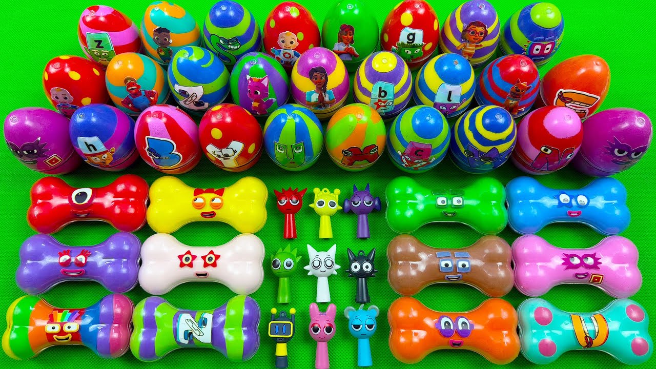 Rainbow SLIME: Catch Stunning Numberblocks, Alphablocks, Cocomelon, Spunki Slime Mix Mini Eggs, Bone