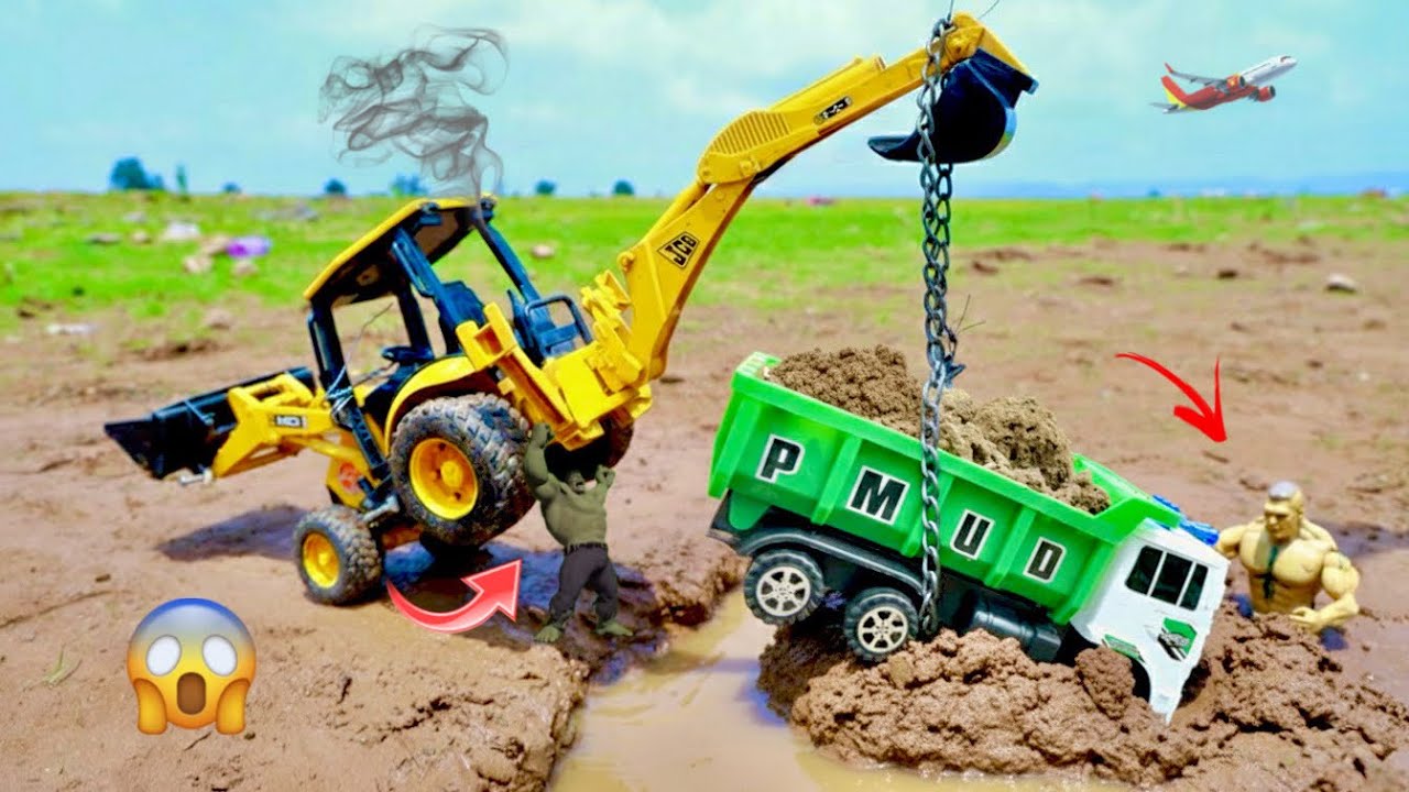 😱 Sand Loaded TATA Dumper Truck Accident Pulling Out Mahindra Tractor JCB 3DX | Toys Cartoon kids