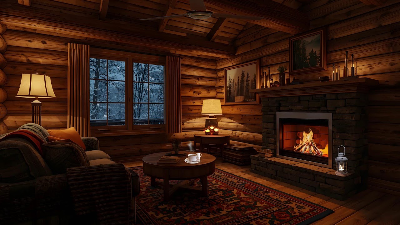 Cozy Winter Cabin Living Room ❄️🔥 | Fireplace Ambience & Smooth Jazz Music for Deep Relaxation