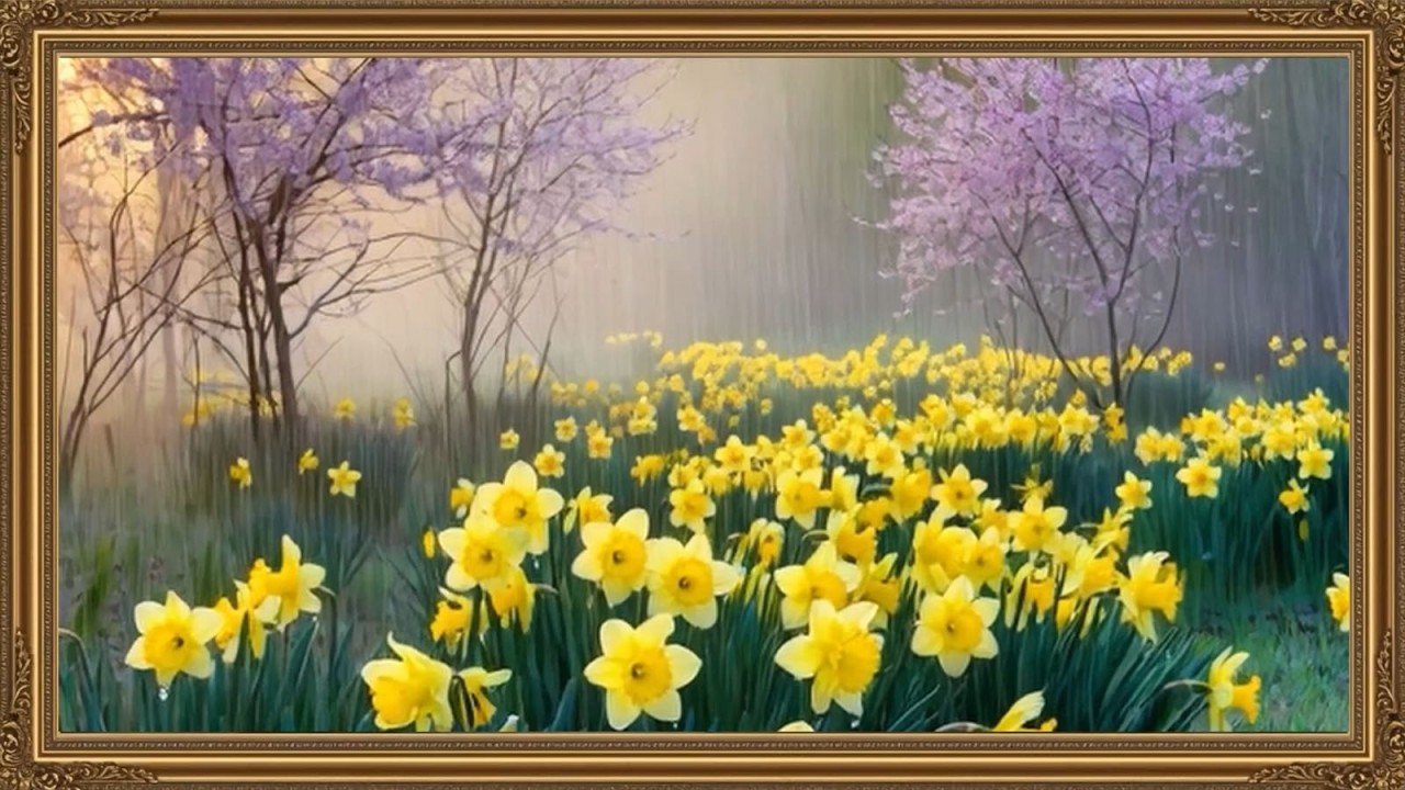 Framed TV Art Spring arrival of the daffodils Spring Serenade: Rain and Daffodils in Bloom 6 hour 4K