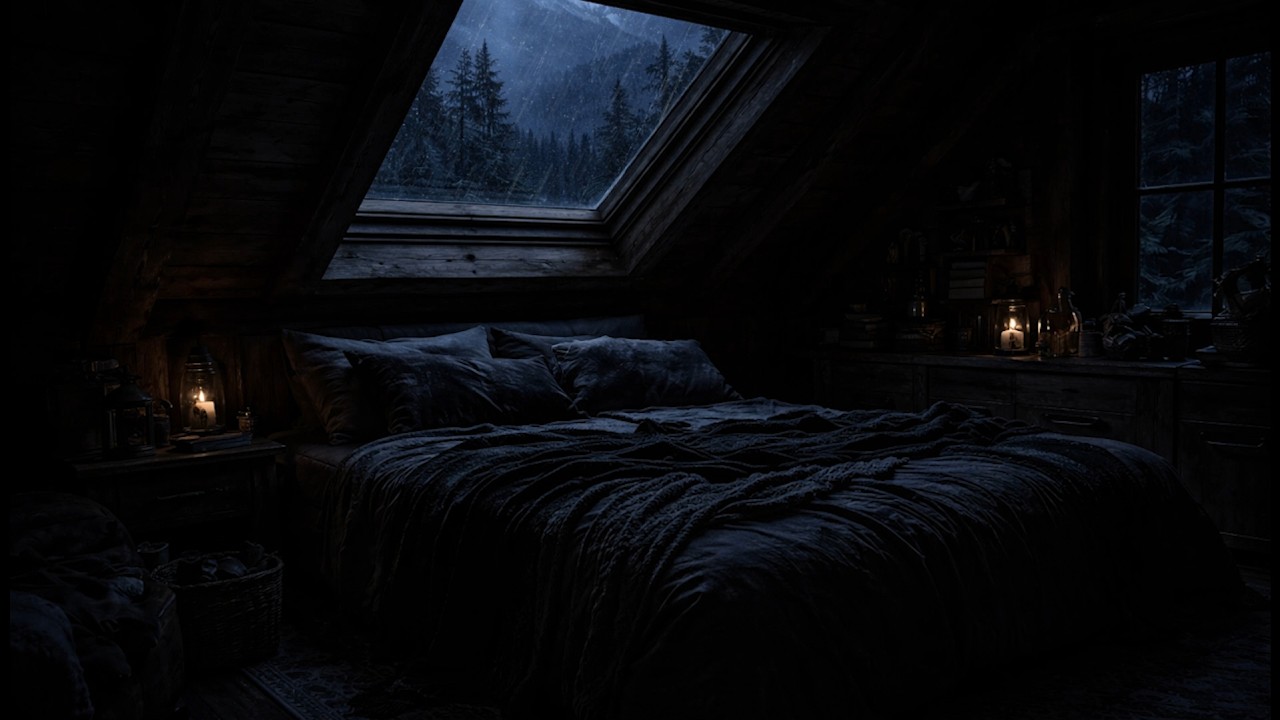 Rainy Night Cabin Ambience 🌧️ Dark Cozy Attic for Relaxing