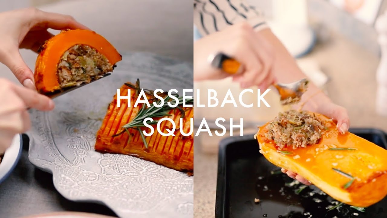 Hasselback Squash with Leek and Apple Stuffing