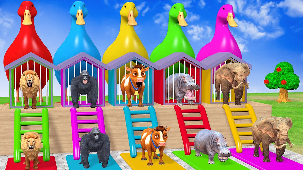 Long Slide Game With Cow Elephant Gorilla Hippopotamus Tiger - 3d Animal Game - Funny 3d Animals