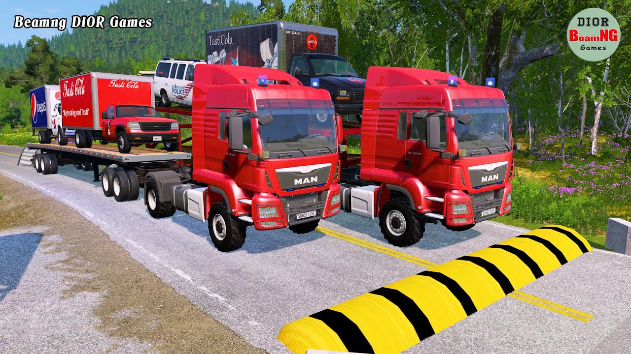 Double Flatbed Trailer Truck vs speed bumps|Busses vs speed bumps|Beamng Drive|200