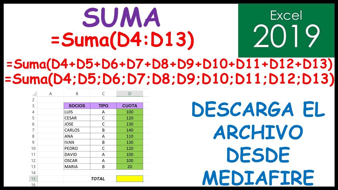 Como sumar grupo de celdas o celdas separadas con función SUMA en Excel 2016 (FORMULA DE EXCEL 08)