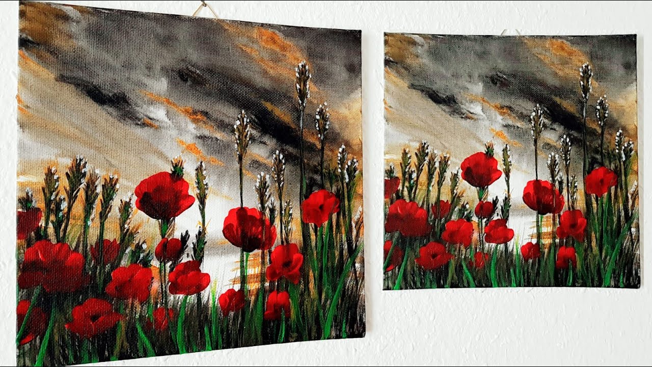Mohnblumen Blumenwiese Malen Acryl für Anfänger - Poppies Flower Meadow Acrylic Painting Beginners